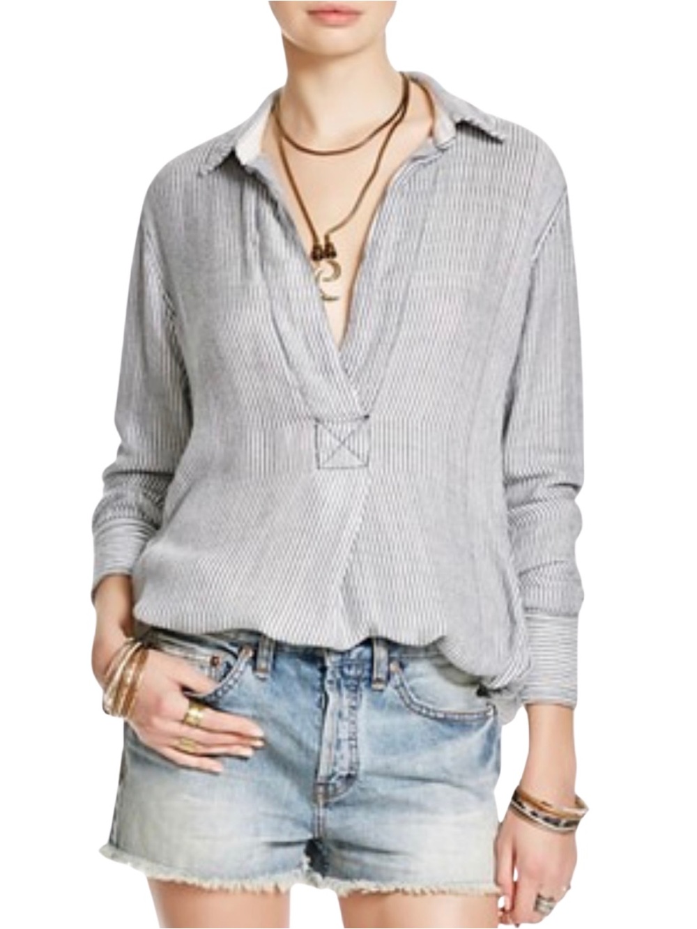 Free People Striped On The Road Tunic Top XS Navy White Rayon Oversized Boho